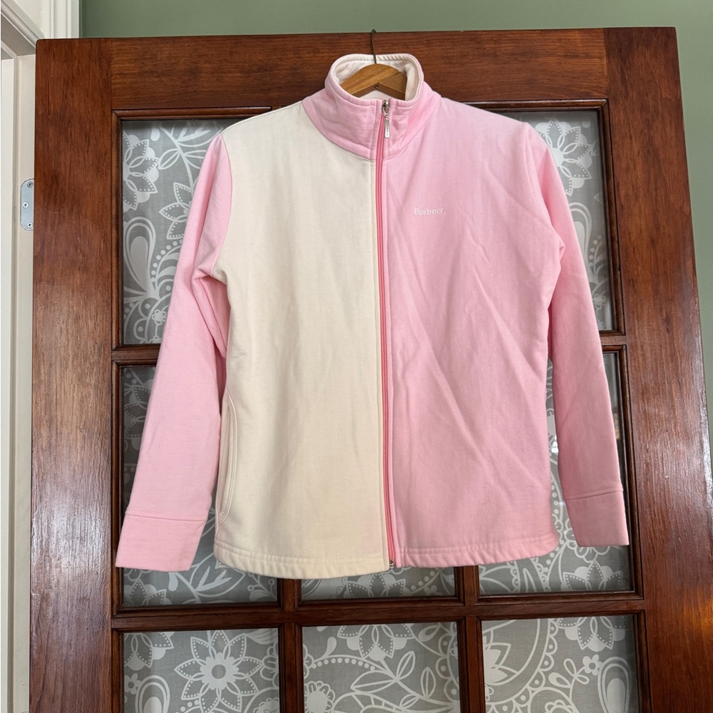 Barbour Pink + Cream Zip Up Sweater